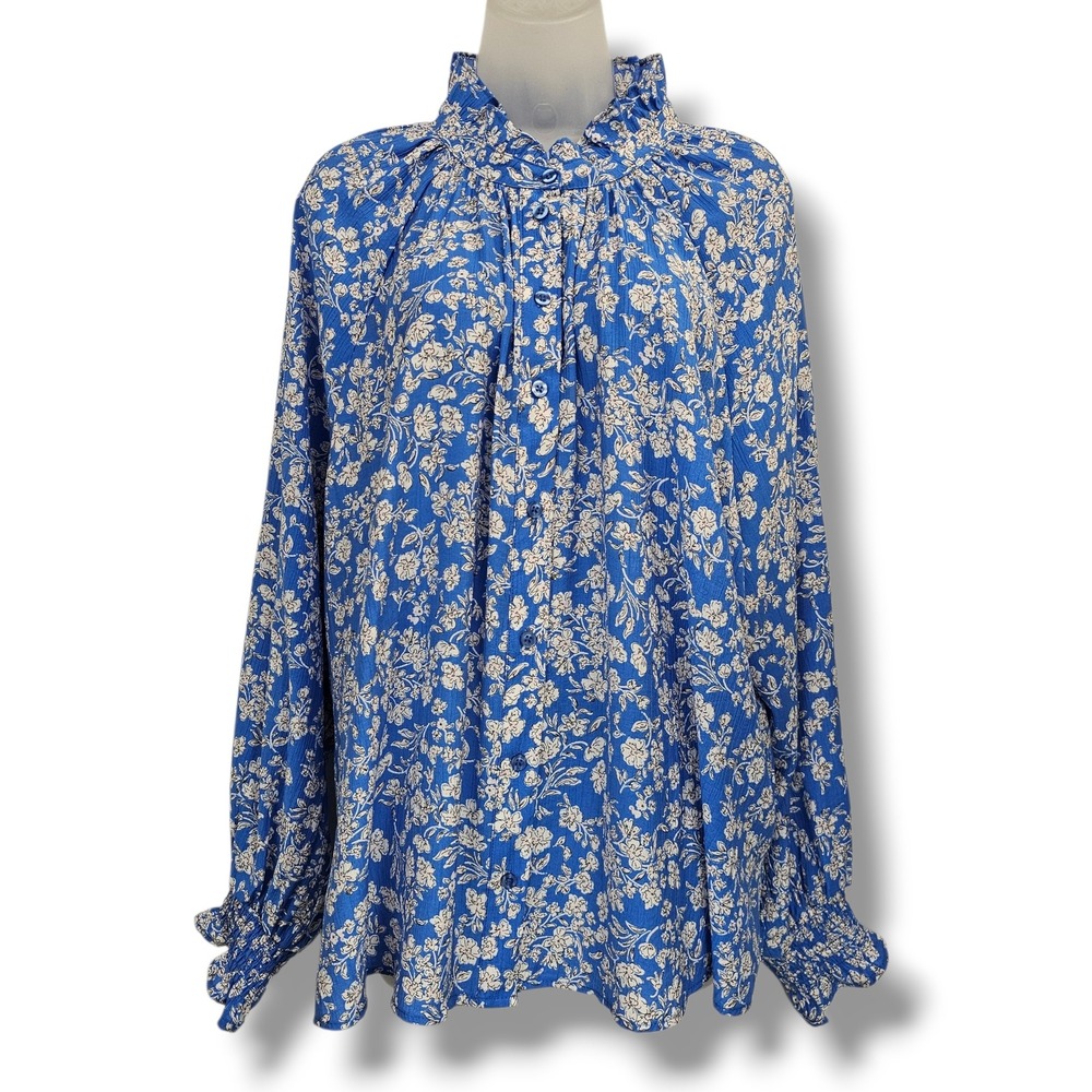 TWRHLL Top 2X Womens Blue Floral Button Front Ruffle Neck Smocked Cuffs Cottage